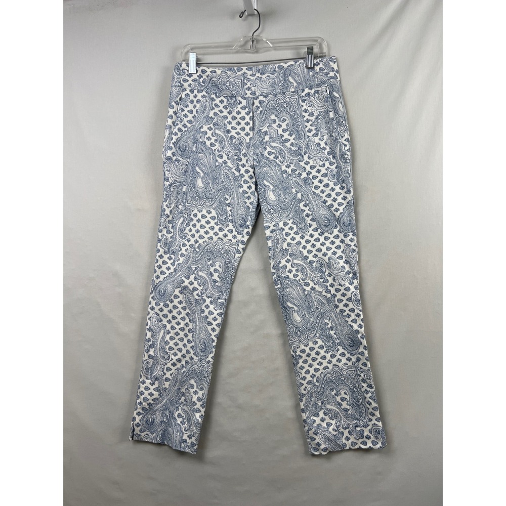 Margaret M Slimming Pant Womens L Blue White Paisley Print Stretch Straight Leg